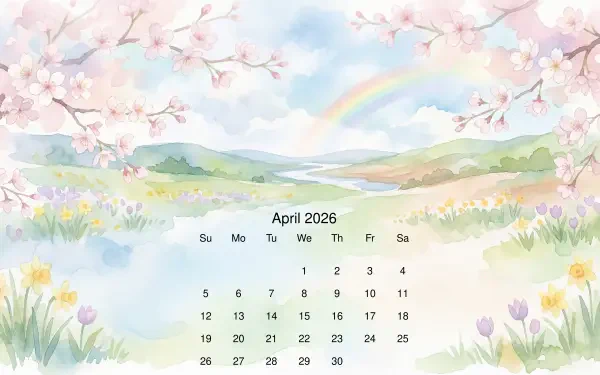 April 2026 calendar 5K Ultra HD PC desktop wallpaper: pastel spring scene with cherry blossoms, rainbow and wildflowers framing the month grid.