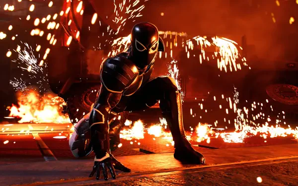 Spider-Man (PS4) in a black suit crouches on a fiery street surrounded by sparks and flames — 4K Ultra HD video game PC desktop wallpaper/background.