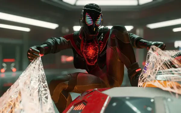 Video game 4K Ultra HD PC desktop wallpaper: Spider-Man (PS4) in a red-black armored suit crouches on a tech rooftop, chest glowing and webbing flaring in cinematic lighting.