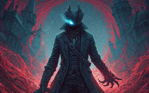 Bloodborne video game assassin with glowing blue eyes, dark coat and clawed hand amid red, writhing tendrils — 2K Quad-HD PC desktop wallpaper.