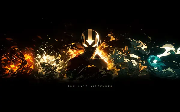 Black anime–style 2K Quad HD desktop wallpaper of Aang (Avatar) from The Legend of Aang: The Last Airbender, glowing silhouette amid swirling fire, water and earth elements.