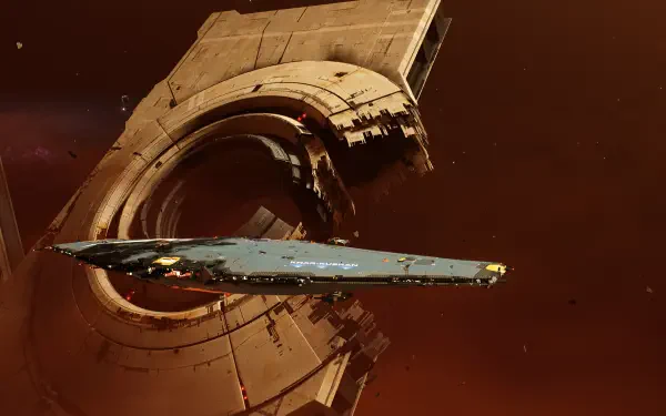 Homeworld video game scene: sleek capital ship glides by a massive ringed station in red space — 2K Quad HD PC desktop wallpaper/background