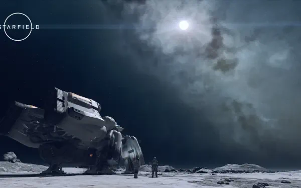 Starfield video game — 2K Quad HD PC Desktop Wallpaper and Background: a ship and lone explorer on a barren moon under a bright sun and star-filled, clouded space sky.
