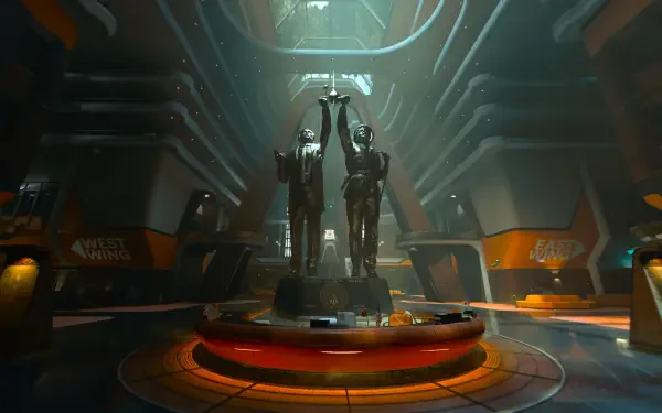 Video game — Call of Duty: Black Ops 6 4K Ultra HD PC wallpaper: dim futuristic hall with two armored statues on a circular platform, sci‑fi lighting and orange accents.