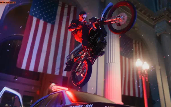 4K Ultra HD PC desktop wallpaper for Call of Duty: Black Ops 6 — masked rider rockets a dirt bike over a police cruiser inside a flag-draped grand hall lit in red and blue.