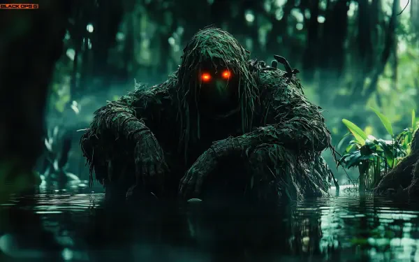 Call of Duty: Black Ops 6 4K Ultra HD PC wallpaper — a moss-covered swamp humanoid with glowing orange eyes emerging from dark water in a dense, misty jungle.