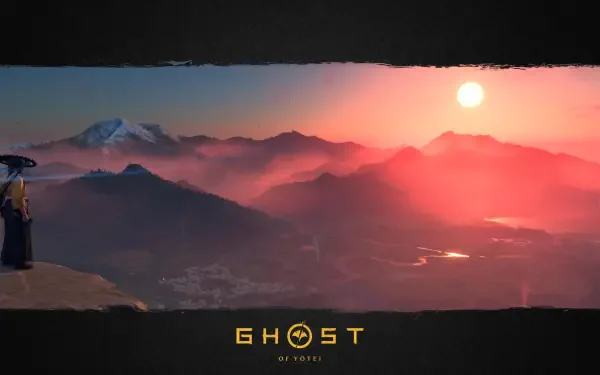 4K Ultra HD PC desktop wallpaper for the video game Ghost of Yōtei: lone samurai gazes over misty volcanic peaks at sunset, game logo centered.