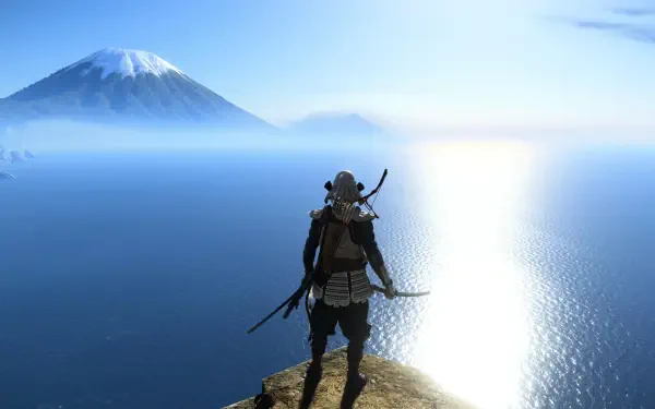 4K Ultra HD PC desktop wallpaper & background from Ghost of Yōtei video game: lone samurai on a cliff gazes across a sunlit sea toward a distant snow-capped Mount Yōtei.