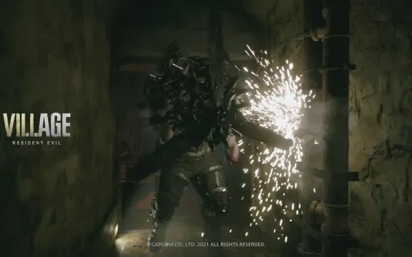 Resident Evil video game 4K Ultra HD PC desktop wallpaper: armored creature recoils amid sparks and gunfire in a dim, claustrophobic corridor, Village logo at left.