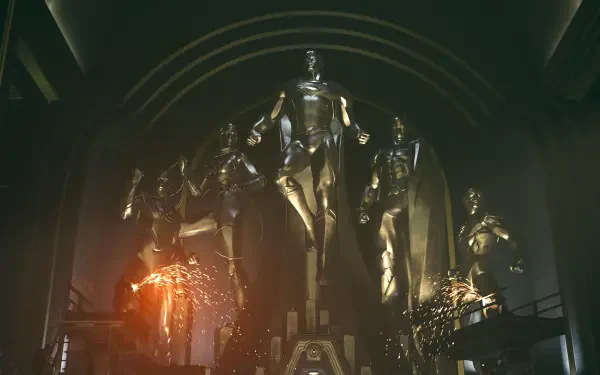 4K Ultra HD PC desktop wallpaper from the video game Suicide Squad: Kill the Justice League — towering golden Justice League statues in a dark hall, one cracked and emitting sparks.