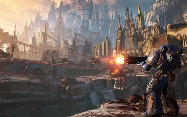 4K Ultra HD video game wallpaper: a Warhammer Space Marine in power armor fires a bolter across a gothic cityscape at dusk, overlooking ruined bridges and burning battlefields.
