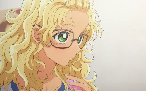 HD PC desktop wallpaper/background of Kotoko Ijichi from the anime Gals Can't Be Kind to Otaku!? Close-up profile of a blonde, curly-haired girl with glasses and green eyes.