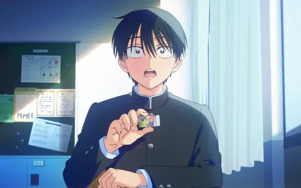 Anime HD PC desktop wallpaper: surprised male student in black uniform holding a tiny figurine in a sunlit classroom — Gals Can't Be Kind to Otaku!? by Takuya Seo.