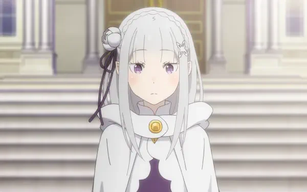 HD PC desktop wallpaper of Emilia (Re:ZERO) — anime portrait of a silver‑haired girl in a white cloak standing on palace steps, soft expression; tagged Gals Can't Be Kind to Otaku!?
