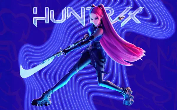 KPop Demon Hunters 8K Ultra HD PC desktop wallpaper: neon‑purple wavy background and a pink‑haired, futuristic demon hunter in a dynamic pose wielding a glowing blade.