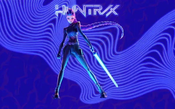 KPop Demon Hunters-themed neon figure in a futuristic suit wielding a glowing sword against swirling purple-blue waves — 8K Ultra HD PC desktop wallpaper background