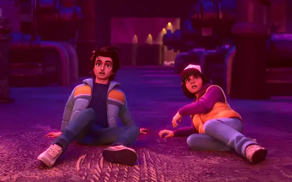 Stranger Things: Tales from '85 2K Quad HD PC desktop wallpaper: two teens in 80s jackets sit on a purple-lit factory floor, staring upward with shocked expressions.