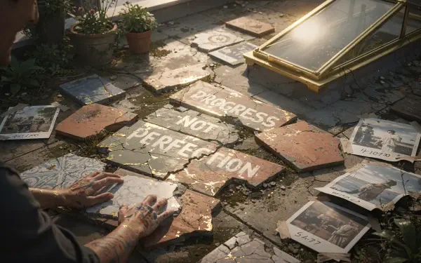 Hands painting PROGRESS NOT PERFECTION across cracked paving stones amid scattered newspapers — gritty 4K Ultra HD PC Desktop Wallpaper and Background.