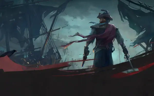 Windrose video game 2K Quad HD PC desktop wallpaper: lone pirate captain on a blood-red deck, pistol and cutlass raised amid fog, wrecked ships and a stormy green sky.