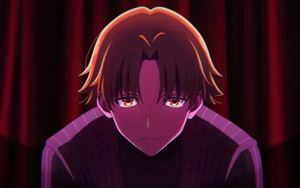 Red-toned 4K Ultra HD PC wallpaper: Classroom of the Elite's Kiyotaka Ayanokōji, an anime boy with dark hair and intense, glowing eyes framed by shadowed curtains.