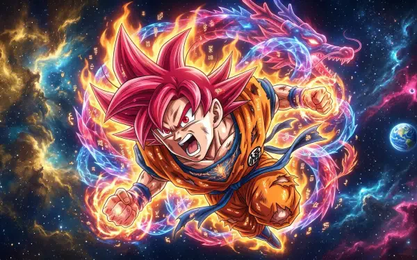 4K Ultra HD anime Dragon Ball Super wallpaper of Goku in Super Saiyan God form: red hair, roaring mid-flight with fiery aura and cosmic dragon energy streaks across a starry space backdrop.