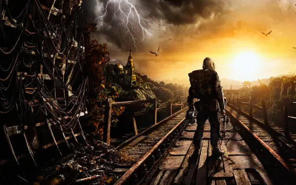 Metro 2039 video game post-apocalyptic Russia 5K Ultra HD PC desktop wallpaper and background: lone armored survivor on a crumbling railway toward a stormy sunset over a devastated city.