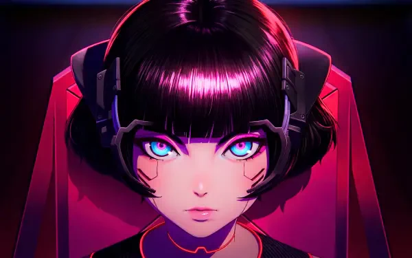 Neon-lit Cyberpunk: Edgerunners anime girl — cute cyber girl with glossy bob, bright cyan eyes, headset and facial cyber markings; 5K Ultra HD PC desktop wallpaper