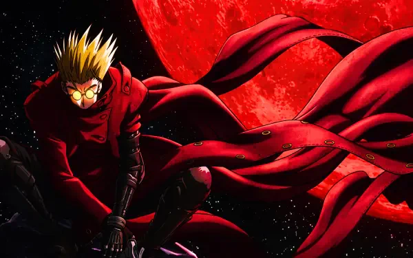 5K Ultra HD PC desktop wallpaper: Trigun's Vash the Stampede in crimson coat and goggles, crouched with flowing scarf before a massive red moon against a starry black sky.