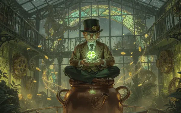 4K Ultra HD PC desktop wallpaper: steampunk leprechaun in a top hat levitates over a copper cauldron, holding a glowing shamrock amid gears and hanging coins in a glass atrium.
