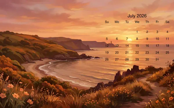 July 2026 calendar over a golden coastal sunset scene with cliffs, sandy bay and wildflowers — 5K Ultra HD PC desktop wallpaper and background.