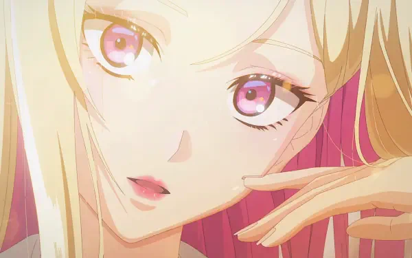 HD PC desktop wallpaper: close-up anime portrait of Noren Mitsuoka from KILL BLUE — blonde hair, pink eyes, soft warm lighting, hand near face.