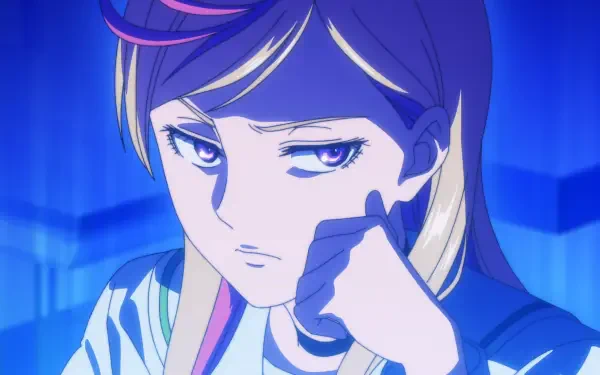 Anime HD PC desktop wallpaper of Noren Mitsuoka from KILL BLUE: close-up of a blue-lit, pensive female character resting her chin on her hand.