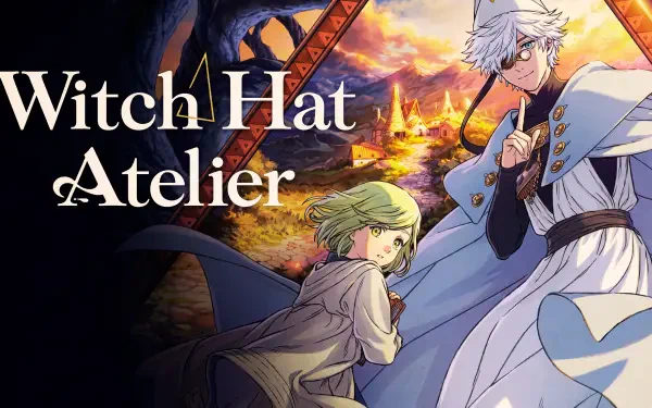 5K Ultra HD Witch Hat Atelier PC desktop wallpaper showing Coco and Qifrey in a fantasy anime sunset landscape with magical ruins and glowing spells.