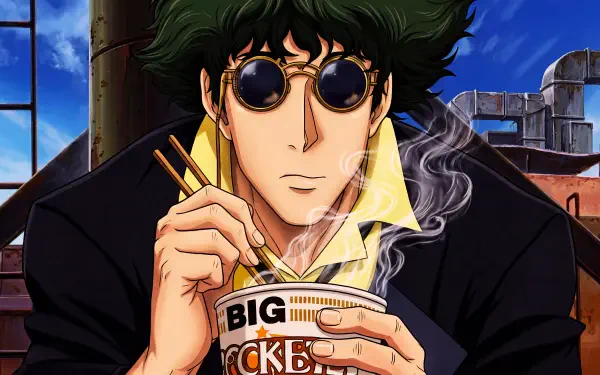 Cowboy Bebop's Spike Spiegel in round shades eats steaming cup ramen with chopsticks on a rooftop — anime 5K Ultra HD PC desktop wallpaper/background.
