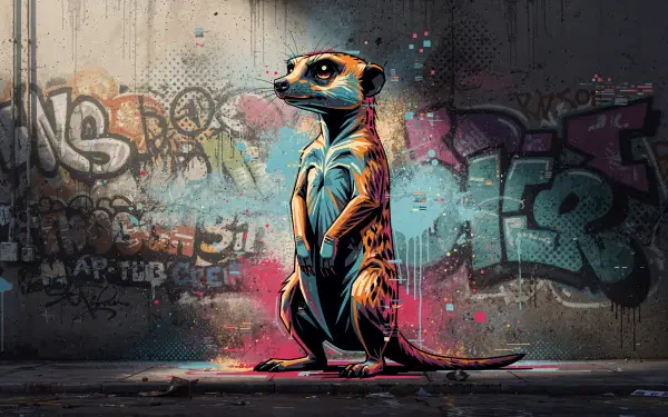 Painted meerkat against a graffiti wall — 4K Ultra HD PC desktop wallpaper.