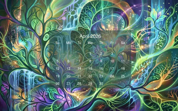April 2026 calendar over vibrant psychedelic tree-of-life artwork — 5K Ultra HD PC desktop wallpaper and background with swirling neon leaves and glowing branches.