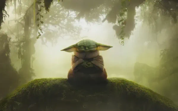 4K Ultra HD PC desktop wallpaper: Grogu from The Mandalorian sits on a mossy mound in a misty, sunlit forest background.