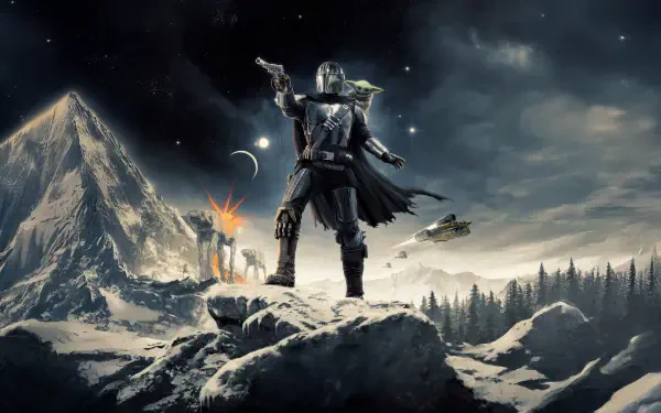 5K Ultra HD PC desktop wallpaper: The Mandalorian and Grogu on a snowy ridge, the armored Mandalorian aiming his blaster as starships streak and distant fires glow beneath a stormy sky.