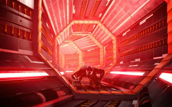 Spider-Man (PS4) in a black suit crouches in a red-lit futuristic tunnel — 4K Ultra HD PC desktop wallpaper/background from the video game.