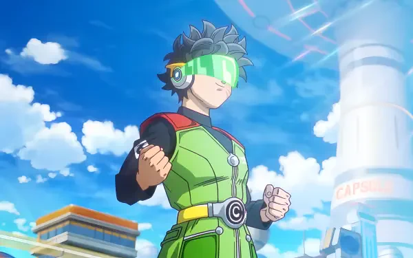 Dragon Ball Xenoverse 3 hero in green battle suit and glowing visor, fists clenched beneath a bright blue sky — 4K Ultra HD PC desktop wallpaper/background.