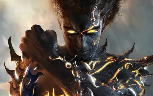 Prince of Persia: The Two Thrones — shadowed prince with glowing eyes and molten veins clutching blades, dark HD PC desktop wallpaper/background.