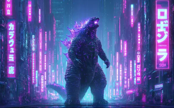Towering Godzilla amid a rain-soaked cyberpunk city, neon signs and kanji blazing on skyscrapers — 2K Quad HD PC desktop wallpaper background.