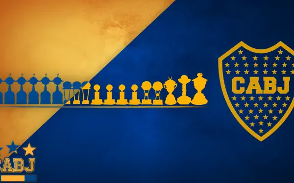 Boca Juniors sports logo and shield on a blue-and-yellow diagonal background with a row of trophy silhouettes — 2K Quad HD PC desktop wallpaper/background.