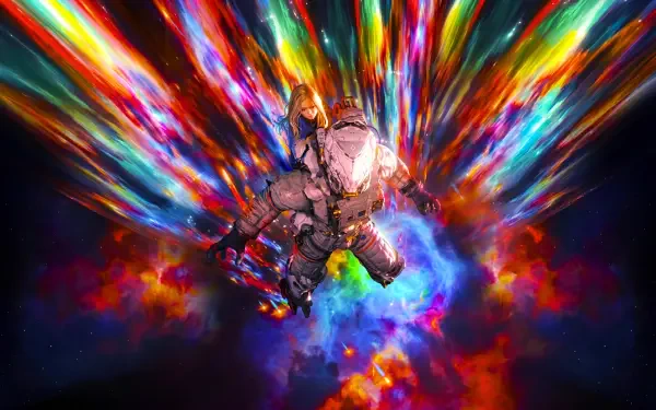 Pragmata video game (Capcom) 5K Ultra HD PC desktop wallpaper: armored astronaut diving through a vibrant, multicolored cosmic burst.