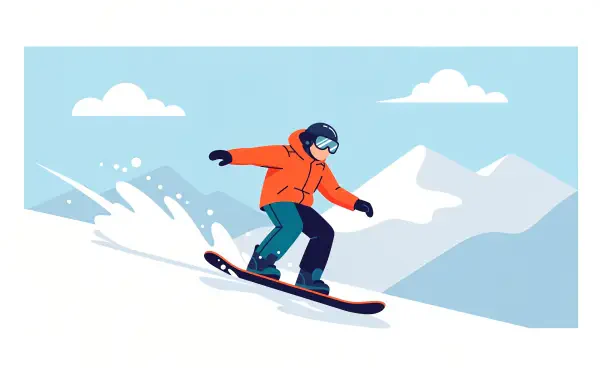 Snowboarder carving down a snowy mountain with spray, clear blue sky and distant peaks — 4K Ultra HD PC Desktop Wallpaper and Background.