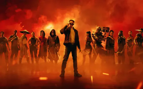 5K Ultra HD PC desktop wallpaper of Mortal Kombat 2 (2026) movie characters standing across a fiery red-orange battlefield, a lone central figure posed at the forefront.