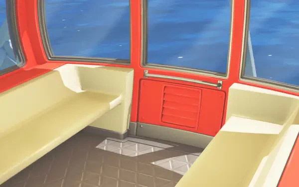 Tomodachi Life: Living the Dream HD PC desktop wallpaper depicting a stylized red-and-cream ferry cabin with bench seating and a calm ocean view framed by large windows.