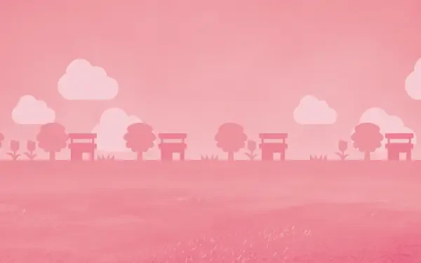Tomodachi Life / Tomodachi Life: Living the Dream HD PC desktop wallpaper — pastel pink landscape with benches, trees and fluffy clouds in a minimalist silhouette.