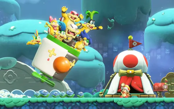 Super Mario Bros. Wonder HD PC desktop wallpaper: Mario and a Toad before a red-and-white Toad house as a multi‑Koopa flying contraption tilts overhead in a bright, cartoony landscape.