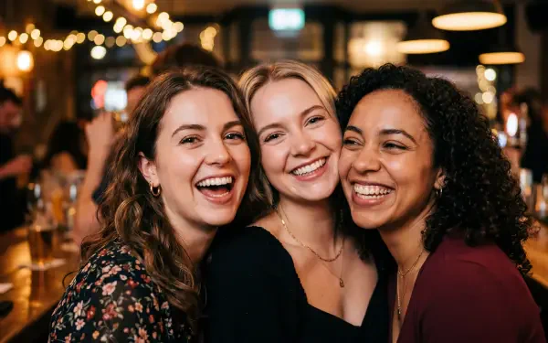 Three friends laughing at a cozy bar; girls' night captured in a warm, candid 5K Ultra HD PC desktop wallpaper and background.